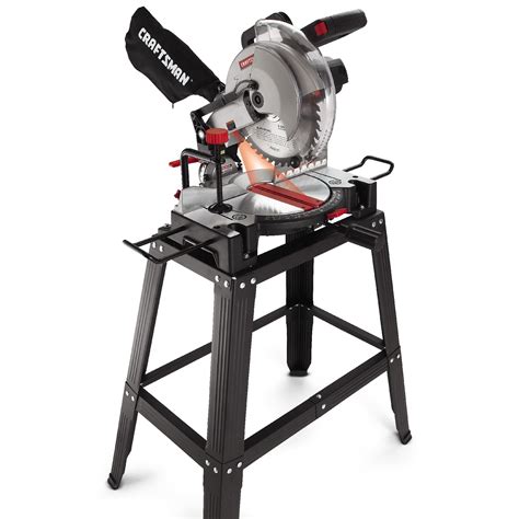 For a miter cut, place the board flush against the saw fence at the back of the base and then use the miter adjustment knob to set the desired angle. . Craftsman miter saw with stand